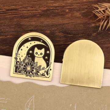 Dizdkizd Vintage Metal Clip for Journals, Planners, Notebooks, Brass Colored Book Clip Little Binder Clip for Page Holder, Book Mark - Cat and Moon