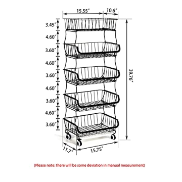 FANWU 5 Tier Fruit Basket Stand, and Vegetable Storage Cart, Wire with Wheels, Metal Stackable Snack Organizer, Potatoes Onions Produce Bins Rack for Kitchen, Pantry (Black-5-Tier Baskets)