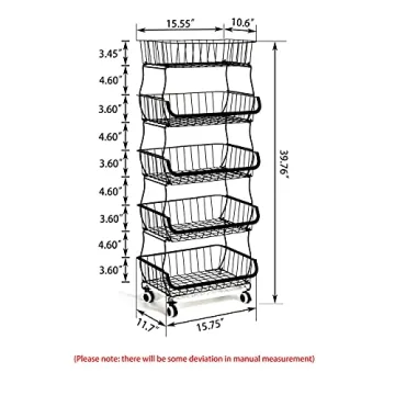 FANWU 5 Tier Fruit Basket Stand, and Vegetable Storage Cart, Wire with Wheels, Metal Stackable Snack Organizer, Potatoes Onions Produce Bins Rack for Kitchen, Pantry (Black-5-Tier Baskets)
