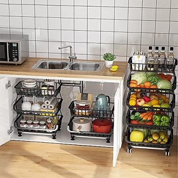 FANWU 5 Tier Fruit Basket Stand, and Vegetable Storage Cart, Wire with Wheels, Metal Stackable Snack Organizer, Potatoes Onions Produce Bins Rack for Kitchen, Pantry (Black-5-Tier Baskets)