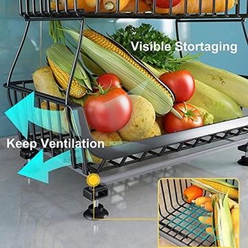 FANWU 5 Tier Fruit Basket Stand, and Vegetable Storage Cart, Wire with Wheels, Metal Stackable Snack Organizer, Potatoes Onions Produce Bins Rack for Kitchen, Pantry (Black-5-Tier Baskets)