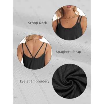 ATHMILE Womens Fashion Tops Eyelet Embroidery Sleeveless Spaghetti Strap Tops Scoop Neck Sexy Loose Fit Casual Summer Flowy Cami Black