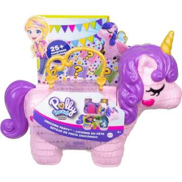Polly Pocket 2-in-1 Travel Toy Playset, Unicorn Toy with 2 Dolls & 25 Surprise Accessories, Unicorn Party Large Compact
