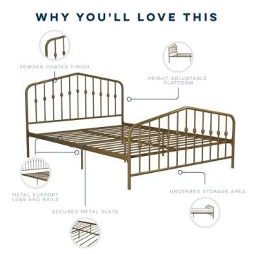 Novogratz Bushwick Metal Bed with Headboard and Footboard | Modern Design | Full Size - Gold