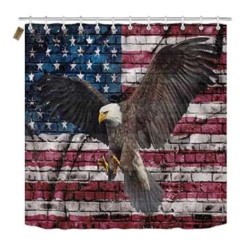 SKAILIÉ 4PCS USA Flag Flying Bald Eagle Shower Curtain Set, Vintage Brick Wall Independence Day 4th of July Patriotic Bathroom Decor, Fabric Shower Curtain, Non-slip Bath Mat Toilet Rug, American Flag
