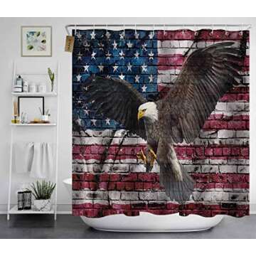 SKAILIÉ 4PCS USA Flag Flying Bald Eagle Shower Curtain Set, Vintage Brick Wall Independence Day 4th of July Patriotic Bathroom Decor, Fabric Shower Curtain, Non-slip Bath Mat Toilet Rug, American Flag