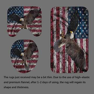SKAILIÉ 4PCS USA Flag Flying Bald Eagle Shower Curtain Set, Vintage Brick Wall Independence Day 4th of July Patriotic Bathroom Decor, Fabric Shower Curtain, Non-slip Bath Mat Toilet Rug, American Flag