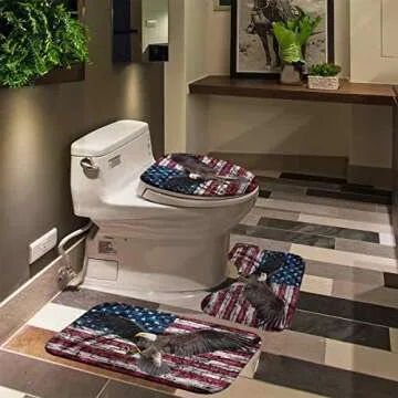 SKAILIÉ 4PCS USA Flag Flying Bald Eagle Shower Curtain Set, Vintage Brick Wall Independence Day 4th of July Patriotic Bathroom Decor, Fabric Shower Curtain, Non-slip Bath Mat Toilet Rug, American Flag