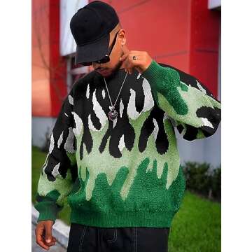 ZAFUL Men's Oversized Sweater Y2K Aesthetic Flame Graphic Crewneck Knit Pullover Unisex Casual Sweat...