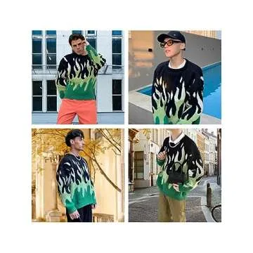 ZAFUL Men's Oversized Sweater Y2K Aesthetic Flame Graphic Crewneck Knit Pullover Unisex Casual Sweaters (1-Green,M)