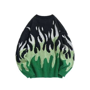 ZAFUL Men's Oversized Sweater Y2K Aesthetic Flame Graphic Crewneck Knit Pullover Unisex Casual Sweaters (1-Green,M)