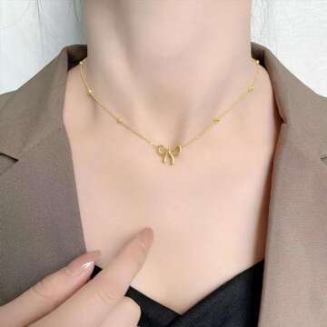 Bow Necklace Earrings Bracelet Set Bow Jewelry Set for Women Bowknot Pendant Chain Necklace Ribbon S...