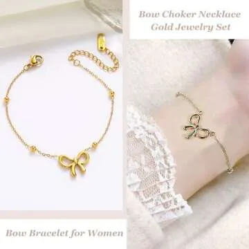 Bow Necklace Earrings Bracelet Set Bow Jewelry Set for Women Bowknot Pendant Chain Necklace Ribbon Stud Earrings Coquette Stuff Accessories Christmas Gifts