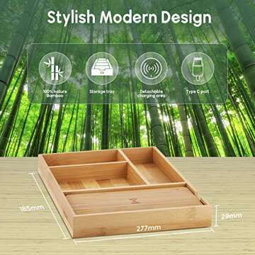 Veelink Fast Wireless Charger with Organizer Tray Qi Bamboo Charging Station Table Nightstand Organizer for iPhone SE 2020/11/Xs MAX/XR/XS/X/8/8, Samsung S20/S10/S9/S8/Note 20