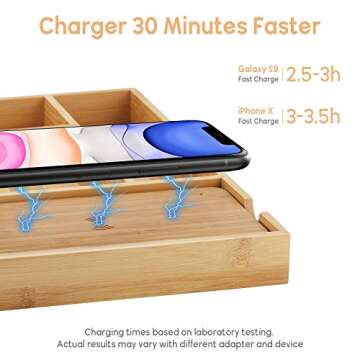 Veelink Fast Wireless Charger with Organizer Tray Qi Bamboo Charging Station Table Nightstand Organizer for iPhone SE 2020/11/Xs MAX/XR/XS/X/8/8, Samsung S20/S10/S9/S8/Note 20