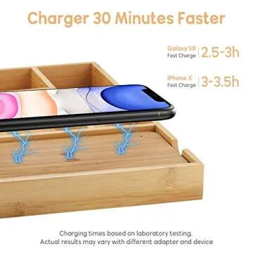 Veelink Fast Wireless Charger with Organizer Tray Qi Bamboo Charging Station Table Nightstand Organizer for iPhone SE 2020/11/Xs MAX/XR/XS/X/8/8, Samsung S20/S10/S9/S8/Note 20