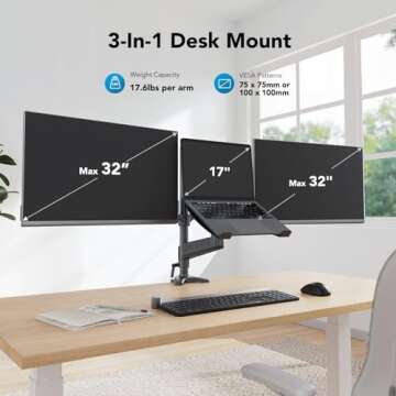 HUANUO Dual Monitor and Laptop Mount for Max 32” Monitor and 17” Laptop, Adjustable Spring Arm w...