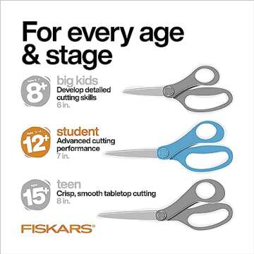 Fiskars 7" SoftGrip Student Scissors for Kids Ages 12-14, Scissors for School or Crafting, Back to School Supplies, Color May Vary