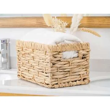 StorageWorks Wicker Baskets, Hand-Woven Storage Basket with 2 Handles, Wicker Baskets for Shelves, Natural Water Hyacinth