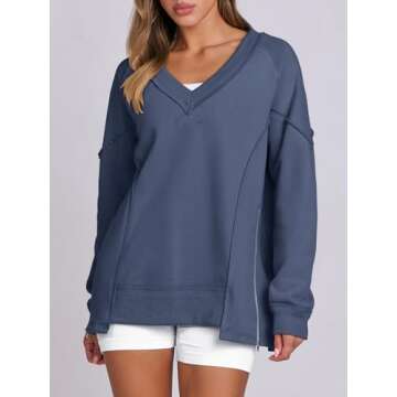 Caracilia Womens Oversized V Neck Sweatshirt Casual Long Sleeve Reverse Seam Side Zipper Pullover To...