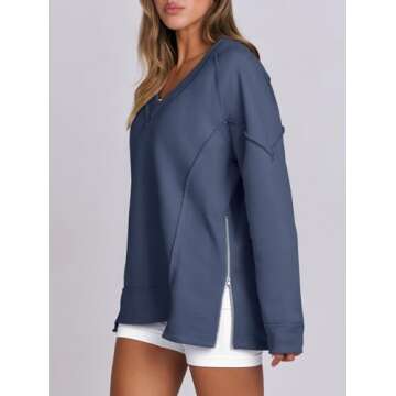 Caracilia Womens Oversized V Neck Sweatshirt Casual Long Sleeve Reverse Seam Side Zipper Pullover Tops 2024 Fall Outfits Blue XX-Large