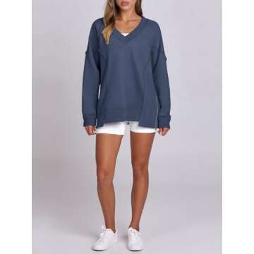 Caracilia Womens Oversized V Neck Sweatshirt Casual Long Sleeve Reverse Seam Side Zipper Pullover Tops 2024 Fall Outfits Blue XX-Large
