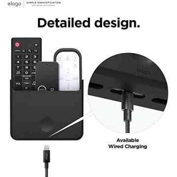 elago Universal Remote Holder Mount Compatible with Apple TV Remote and All Other Remote Controls - Adhesive Tape or Screw Mounting Options, Available Wired Charging [Large] [Black]