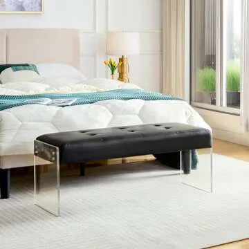 VECELO 44.7” Modern End of Bed Bench, PU Leather Upholstered Entryway Bench with Transparent Legs, Dining Benches for Table, Ottoman Bench with Solid Wood Frame for Living Room,Bedroom, Black