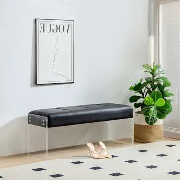VECELO 44.7” Modern End of Bed Bench, PU Leather Upholstered Entryway Bench with Transparent Legs, Dining Benches for Table, Ottoman Bench with Solid Wood Frame for Living Room,Bedroom, Black