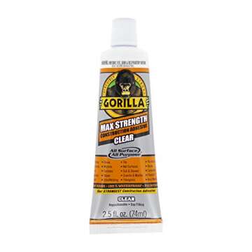 Gorilla Max Strength Clear Construction Adhesive, 2.5 Ounce Squeeze Tube, Clear, (Pack of 1)