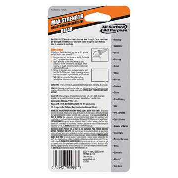 Gorilla Max Strength Clear Construction Adhesive, 2.5 Ounce Squeeze Tube, Clear, (Pack of 1)