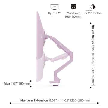 Pixio PS1S Wave Pink Single Monitor Arm Stand Desk Mount - Fits up to 32 inches Monitors and up to 19.8lbs. VESA Compatibility and Integrated Cable Management