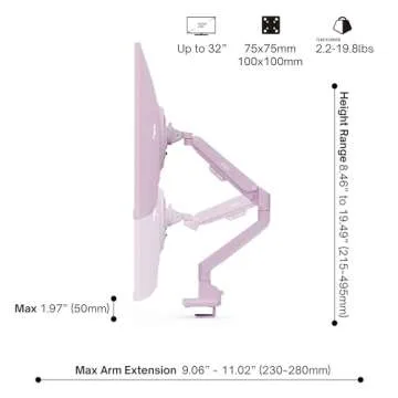 Pixio PS1S Wave Pink Single Monitor Arm Stand Desk Mount - Fits up to 32 inches Monitors and up to 19.8lbs. VESA Compatibility and Integrated Cable Management