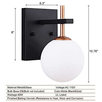 Mid Century Modern Wall Sconce Metal Glass Vanity Light, Globe Shade Hardwired Fixture, for Home Dec...