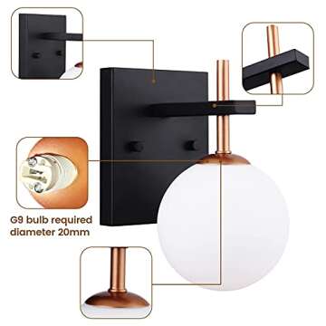 Mid Century Modern Wall Sconce Metal Glass Vanity Light, Globe Shade Hardwired Fixture, for Home Decor Living Room Hallway Kitchen for Bedroom Bathroom