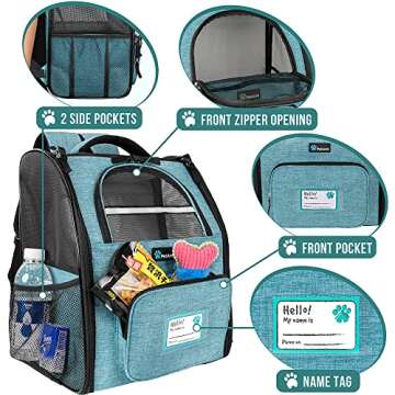 PetAmi Dog Backpack Carrier for Small Large Cat, Pet, Puppy, Ventilated Pet Hiking Backpack Travel Bag, Airline Approved Cat Backpack Carrier, Camping Biking Dog Bag Up to 18lbs Pet, Teal Turquoise