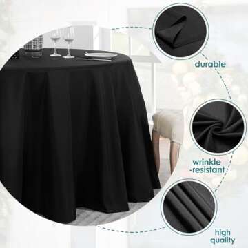 VidaFete Round Tablecloth 132inch 6pack Polyester Table Cloth, Stain Wrinkle Resistant Polyester Dining Table Cover for Kitchen Dinning Party Wedding Rectangular Tabletop Buffet Decoration(Black)