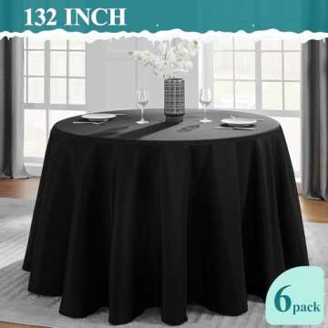 VidaFete Round Tablecloth 132inch 6pack Polyester Table Cloth, Stain Wrinkle Resistant Polyester Dining Table Cover for Kitchen Dinning Party Wedding Rectangular Tabletop Buffet Decoration(Black)