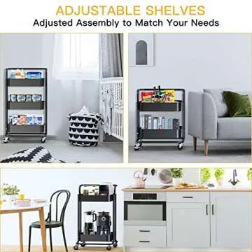 FURNINXS 3 Tier Metal Rolling Cart for Home Use - Black