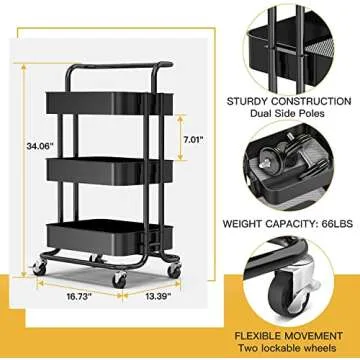 FURNINXS 3 Tier Metal Rolling Cart for Home Use - Black