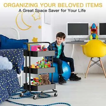 FURNINXS 3 Tier Metal Rolling Cart for Home Use - Black