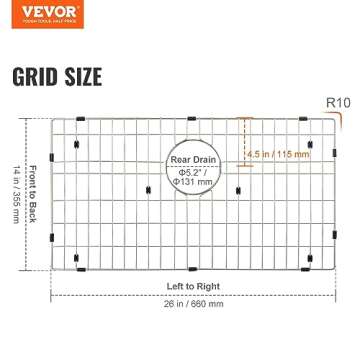 VEVOR Sink Protector Grid, 26"x14" Stainless Steel Sink Grates, Rear Drain Sink Grates with R10 Corner Radius, Large Sink Bottom Grids, Universal Bowl Rack Sink Accessories, For Kitchen Sink, Silver