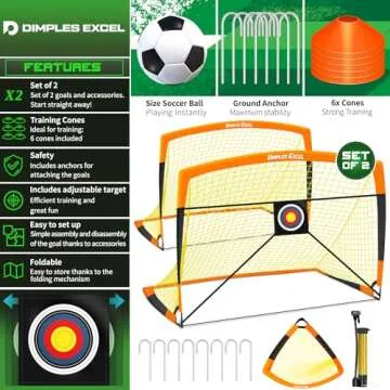 Dimples Excel Portable Foldable Soccer Goal, 8/10mm Fiberglass Frame & 400D/420D Oxford Net, Weatherproof Design for Backyard, Park, Beach Training, Quick-Set Youth/Adult Soccer Gear