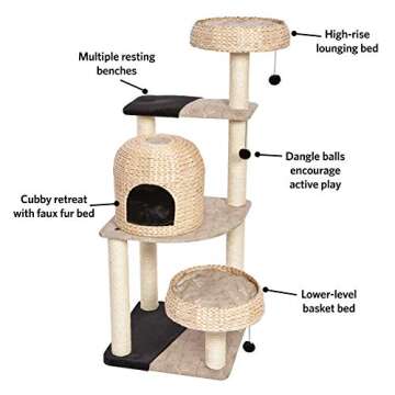 MidWest Homes for Pets Cat Tree | Biscayne Cat Furniture, 5-Tier Cat Tree w/Sisal Wrapped Support Scratching Posts & High Cat Look-Out Perch, Woven Rattan & Script, Large Cat Tree
