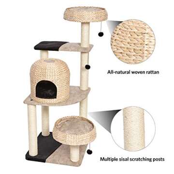 MidWest Homes for Pets Cat Tree | Biscayne Cat Furniture, 5-Tier Cat Tree w/Sisal Wrapped Support Scratching Posts & High Cat Look-Out Perch, Woven Rattan & Script, Large Cat Tree
