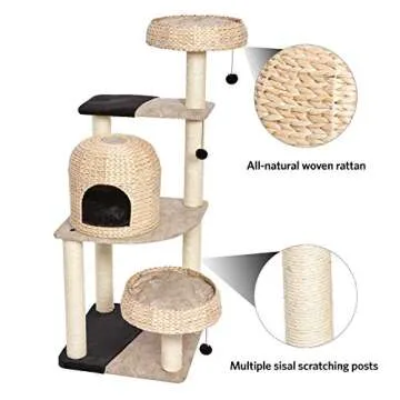 MidWest Homes for Pets Cat Tree | Biscayne Cat Furniture, 5-Tier Cat Tree w/Sisal Wrapped Support Scratching Posts & High Cat Look-Out Perch, Woven Rattan & Script, Large Cat Tree