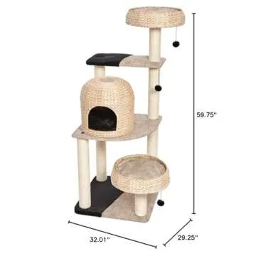 MidWest Homes for Pets Cat Tree | Biscayne Cat Furniture, 5-Tier Cat Tree w/Sisal Wrapped Support Scratching Posts & High Cat Look-Out Perch, Woven Rattan & Script, Large Cat Tree