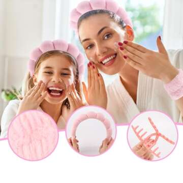 CUBACO 6PCS Spa Headband and Wristband Set - Makeup Headband, Wristbands, Hair Claw Clips, Pink Scrunchies for Women Skincare Non Slip Thick Hair Accessory for Face Washing, Mask, Skin Treatment