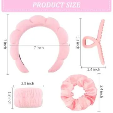 CUBACO 6PCS Spa Headband and Wristband Set - Makeup Headband, Wristbands, Hair Claw Clips, Pink Scrunchies for Women Skincare Non Slip Thick Hair Accessory for Face Washing, Mask, Skin Treatment