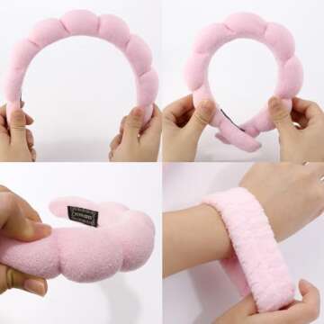 CUBACO 6PCS Spa Headband and Wristband Set - Makeup Headband, Wristbands, Hair Claw Clips, Pink Scrunchies for Women Skincare Non Slip Thick Hair Accessory for Face Washing, Mask, Skin Treatment